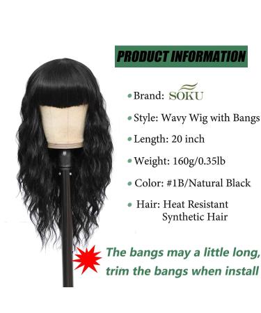 SOKU Black Wavy Wig with Bangs - 20 Inches Synthetic Heat Friendly Curly Wig for Women - Natural Looking Medium Length Hair for Daily Wear and Parties - Buy Online on GoSupps.com