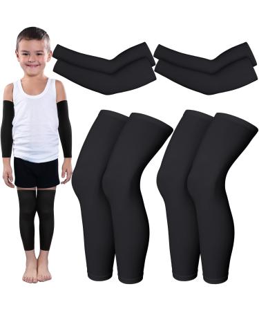 Wettarn 4 Pairs Kids Long Compression Leg Sleeves and Compression Arm Sleeves Youth Basketball Leg Sleeves Medium Black