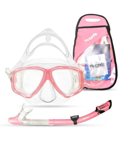 PRODIVE Premium Dry Top Snorkel Set - Impact Resistant Tempered Glass Diving Mask,Watertight and Anti-Fog Lens for Best Vision, Easy Adjustable Strap, Waterproof Gear Bag Included Light Pink Adults