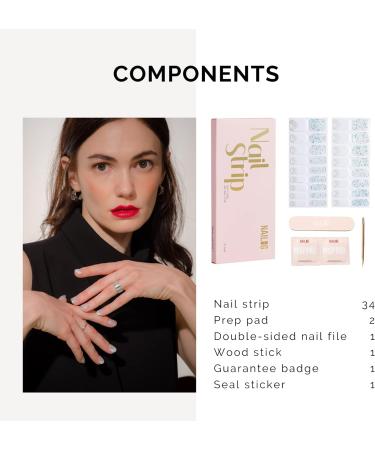 NAILOG Semi Cured Gel Nail Strips - 34 pcs Salon-Quality Long Lasting Nail Wraps with Soft Gel Finish - White French Tip Silver Glitter Quartz - Buy Online on GoSupps.com