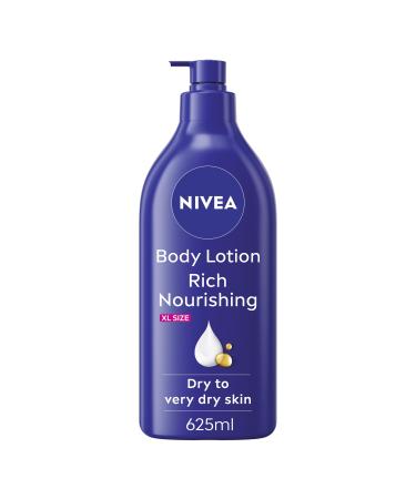 NIVEA NIVEA Rich Nourishing Body Lotion (625 ml) rich 72H hydration. NIVEA moisturizing lotion for dry skin made with a deep-penetrating hydrating serum and almond oil.