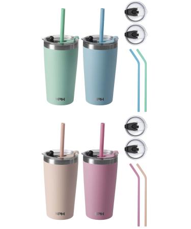 Klickpick Home Kids Cups Set - 12 Ounce Children Tumbler with straws And Lids Stackable Stainless Steel Toddler Baby Straw Cup Powder Coated Insulated Tumblers (Aqua Blue Green Peach Polignac)