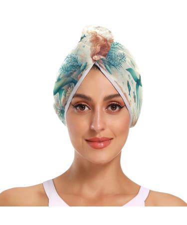 Elegant Mermaids Swimming Underwater Hair Towel 2 Pack Super Absorbent Hair Drying Towel Quick Dry Hair Turbans Head Towel with Button Twisty Wrap for Women Girls