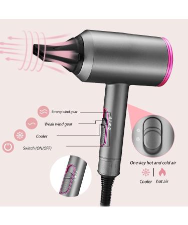 2000W Professional Hair Dryer with Diffuser | Ionic Blow Dryer for Fast Drying | 2 Speed 3 Heat Settings | Cool Shot Button | Travel Hairdryer - Gray Pink - Buy Online on GoSupps.com