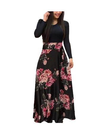 Women's Elegant Round Collar Dress Maxi Dress Swing Party Dress Cocktail Dress Floral Print Long Sleeve Tunic Dress Long Dress XL Pink 2