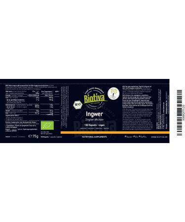 Buy Biotiva Ginger Organic Capsules - 150 Vegan 400mg Pills - Pure Zingiber Officinale No Additives Made in Germany - Buy Online on GoSupps.com