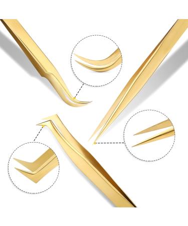 High Precision Lash Tweezers Set - 3 Stainless Steel Eyelash Tweezers for Classic & Volume Lash Extensions - Includes Storage Box - Gold - Buy Online on GoSupps.com