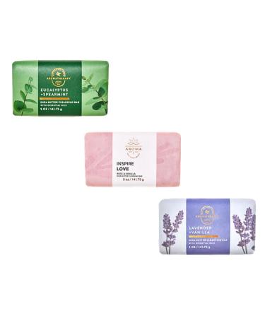 Bath + Body Works Aromatherapy Moisturizing Bar Soap Trio Eucalyptus Spearmint + Rose Vanilla + Lavender Vanilla - Set of 3 Hydrating Cleansing Bar Soaps w/Shea Butter and Coconut Oil - 5 oz ea