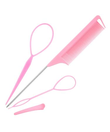 4 Pack Hair Loop Tool Set with 2 pcs French Braid Tool Loop,1 pcs rat tail comb,1 hair clip, Hair Tail Tools for Hair Styling,Hair Braid Accessories Ponytail Maker Pink,4 Pack