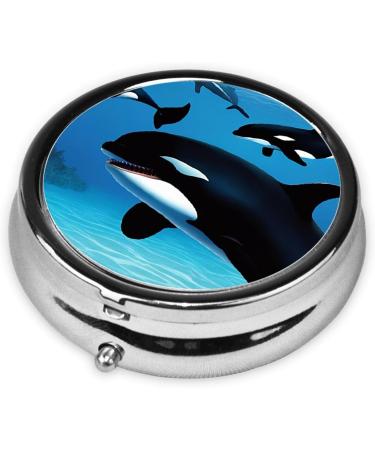Killer Whales Swim Along Round Pill Box | 3 Compartment Travel Medicine Organizer | Mini Decorative Pocket Purse for Vitamins & Tablets - Buy Online on GoSupps.com