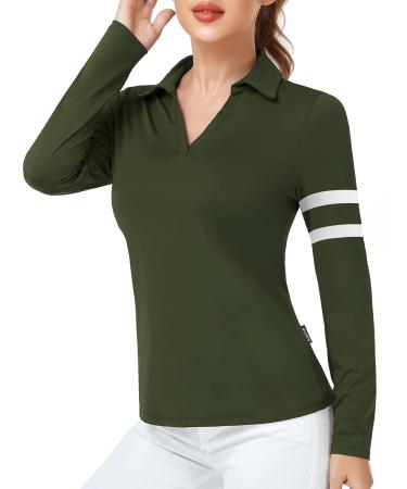 Soneven Women's Collared V Neck Long Sleeve Polo Shirts Moisture Wicking Golf T Shirts Slim Fit for Casual Work X-Large Green