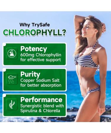 TrySafe 950MG Natural Chlorophyll Capsules with 600MG Chlorophyll Copper Sodium Salt 200MG Spirulina 150MG Chlorella - Detox & Digestion Support* Effective Body's Odor Control* - Buy Online on GoSupps.com