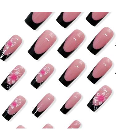 24Pcs Hibiscus Flowers Press On Nails - Medium Square Fake Nails with Black French Tips & Glossy Nude Pink - Full Cover Nail Decor for Women & Manicure - Buy Online on GoSupps.com