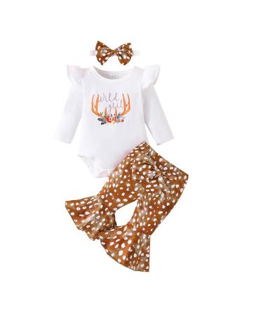 UUAISSO Baby Girls Clothes Cow Letter Print ruffled Long Sleeve Tops and Pants Infant Clothing Outfits Gifts 0-3 Months brown