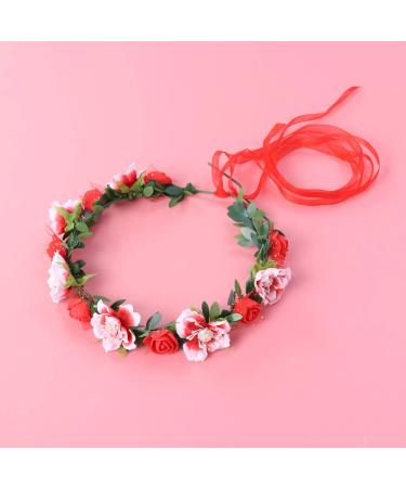 Minkissy Red Bridal Hair Wreath - Women & Girls Flower Headband with Green Leaves | Wedding Party Crown - Buy Online on GoSupps.com