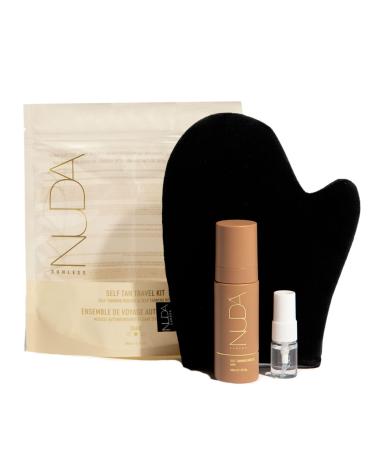 Nuda Glow On The Go Self Tan Travel Kit | Includes Self Tanner Mitt 50mL Dark BronzeFoam Tanning Mousse & 5mL CloudMist Face Tanner | Streak-Free Application | Effortless Head-to-Toe Sun-Kissed Look