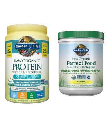 Garden Of Life Raw Organic Protein Unflavored 568g. & Raw Organic Perfect Food Green Superfood Original 207 gram."Raw Organic Perfect Food