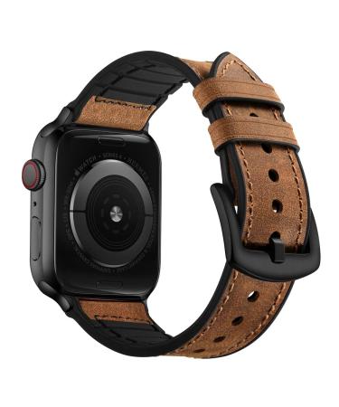 OUHENG Compatible with Apple Watch Band 49mm 45mm 44mm 42mm, Sweatproof Genuine Leather and Rubber Hybrid Band Strap for iWatch Ultra Series 8 7 6 5 4 3 2 1 SE2 SE, Brown Band with Black Adapter Brown/Black 49mm/45mm/44mm/42mm