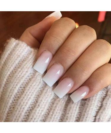 KQueenest Ombre Pink Press on Nails Short Medium Square Glue on Nails White and Pink French Manicure Fake Nails Short Coffin Acrylic Nails Press on Gradient Gel Nails For Women False Nails 24 Pcs glossy ombre pink