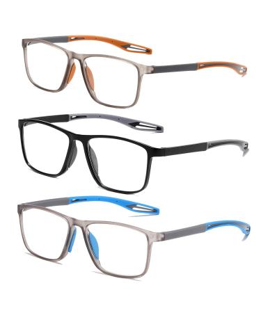 CAMKIDS Reading Glasses Men 3 Pack TR90 Sports Style Comfortable and Lightweight Anti-Blue Light Reading Aids for Men Black&Gray&Blue 2.0 x