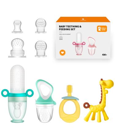 KoalaZoom Baby Teething Toy with Baby Food Feeder Fruit Feeder Pacifier  Baby Silicone Toothbrush Teether and Silicone Squeeze Baby Spoon Feeder for Self Feeding  Baby Feeding Supplies First Stage Green- 4 in 1
