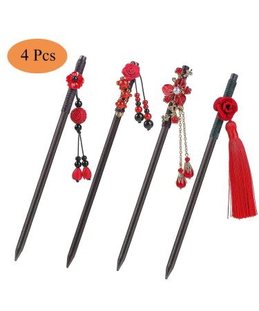 Vintage Chinese Wood Hairpins - Set of 4 Elegant Hair Sticks for Women & Girls - Unique Hairstyles & Accessories - Buy Online on GoSupps.com
