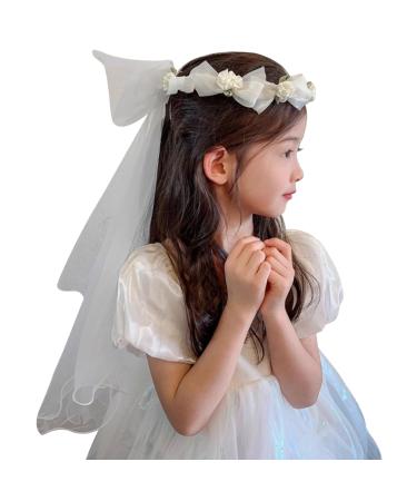 First Communion Veil with Light and Crystal First Holy Communion Veil for Girls White Bow and Flower Crown Lace Veil First Communion Headpiece for Girls First Communion Veil