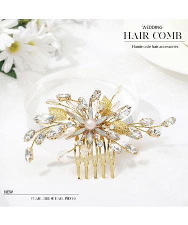 Zoestar Flower Wedding Hiar Comb Slides Gold Crystal Pearl Headpiece Rhinestone Bridal Leaf Hair Accessories for Women and Girls - Buy Online on GoSupps.com
