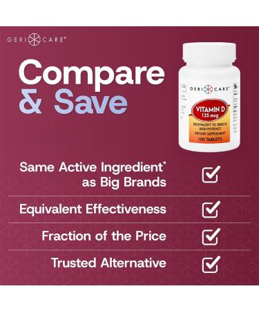 GeriCare Vitamin D 125 mcg (5 000 IU) High Potency Supports Strong Bones Healthy Mood & Immune Defense Daily Support Supplement for Overall Well-Being 100 Tablets (Pack of 1) - Buy Online on GoSupps.com