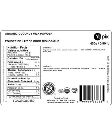 Yupik ORGANIC COCONUT MILK POWDER- 450G Gluten-free Vegan Non-GMO - Buy Online on GoSupps.com