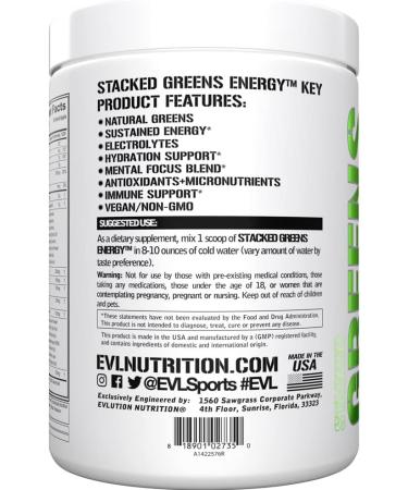 EVL Super Greens Energy Drink Powder - Vegan Superfood Mix for Energy, Focus, and Immunity - Spirulina, Chlorella, Wheat Grass, Caffeine - 30 Servings - Buy Online on GoSupps.com