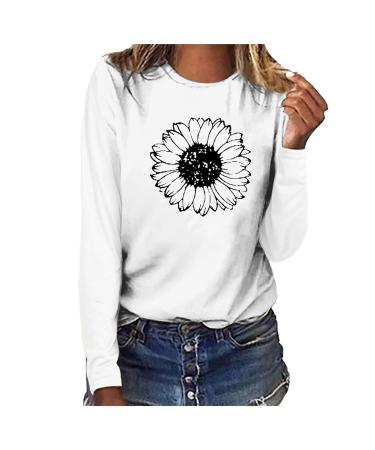tsaChick Women's Oversized Sweatshirt Clearance Autumn Winter Slim Sunflower Long Sleeve Shirt S-XXL Custom Hoodie Female Crew Neck Knit Overall Women's Hoodies WYF45 White 106 S