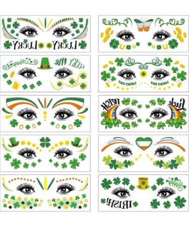 10 St. Patrick's Day Clover Face Stickers Irish Painted Green Hat Waterproof Face Stickers St. Patrick's Day Party Accessories