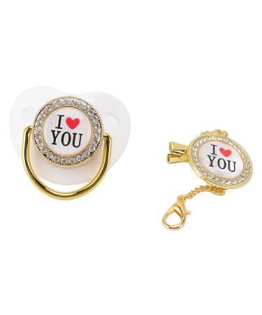 Baby Pacifier 6-18 Months with Chain Clip - Bling I Love You Pattern for Infants - White M | International Shipping Available - Buy Online on GoSupps.com