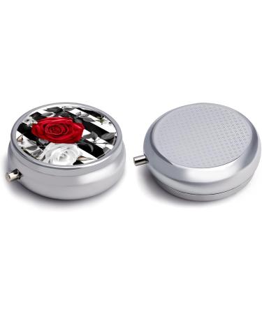 Decorative Round Pill Box - Black White Stripes & Red Rose - 3 Compartment Metal Pill Organizer for Travel - Buy Online on GoSupps.com