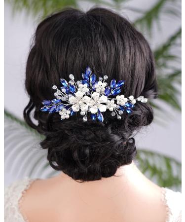 BERYUAN Silver Flowers Pearls Crystal Rhinestone Hair Comb Blue Teardrop Crystal Rhinestone Pearls Wedding Headband Silver Wedding Hair Accessories for Wedding Women Girls (blue)