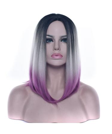 Fourding ombre briefly bobsleigh shoulder length women Harajuku style hair wigs for women halloween cosplay party anime carnival costume (black gray purple)