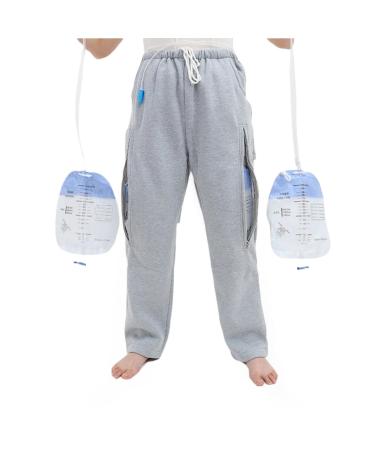 Catheter Pants for Men/Women Urine Leg Bag Holder Pants with Dual Zippered Pockets Holding Two 2000 ml Foley Catheter Bags for Nephrostomy Cystostomy(Grey-2XL) Grey XX-Large