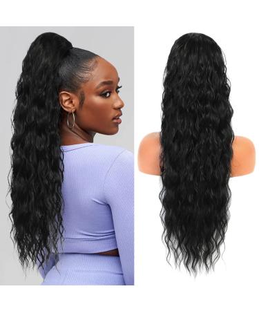 Miuric Drawstring Ponytail 24 Inch Black Drawstring Ponytail Extensions Drawstring Ponytail for Women Long Curly Wavy Hair Drawstring Ponytail Natural Wavy Synthetic Hair Extensions Ponytail for Everyday Use 24 Inch Blac...