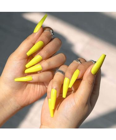 Sethain Glossy Ballerina False Nails Blue Pure Fake Nail Long Full Cover Coffin Press on Nails for Women and Girls (Yellow) - Buy Online on GoSupps.com
