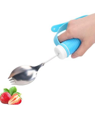 Adaptive Utensils, Elderly Aid Tableware 2 in 1 Fork Spoon, Wide Stainless Spoon, Weighted Utensils with Adjustable Strap for Adults, Arthritis, Tremors, Parkinsons, Blue Non-Slip Handle