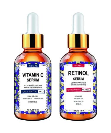 Wumal 2 Pack Serum Set - Vitamin C Serum Retinol Serum for Firming Brightening & Hydrating - Reset Your Skin Day & Night