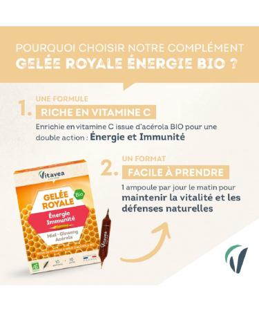 Vitavea - Organic Natural Defenses Revitalizing Food Supplement - Royal Jelly Ginseng Vitamin C Acerola Honey - 100% Organic Formula - 10 ampoules - 10 Day Cure - Made in France - Buy Online on GoSupps.com