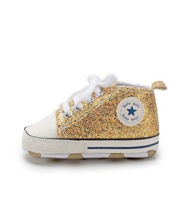 BAIELey walk in the clouds Baby Boys Girls Infant Canvas Sneakers High Top Lace up Bling Sequins Soft Sole Newborn First Walkers Shoe 12-18 Months Gold