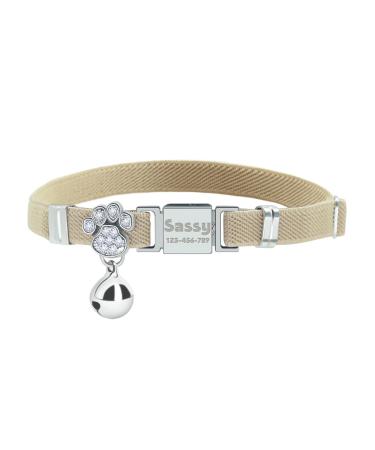 Personalized Elastic Cat Collar with Name and Phone Number Engraved Cat Collar with Bell -Khaki