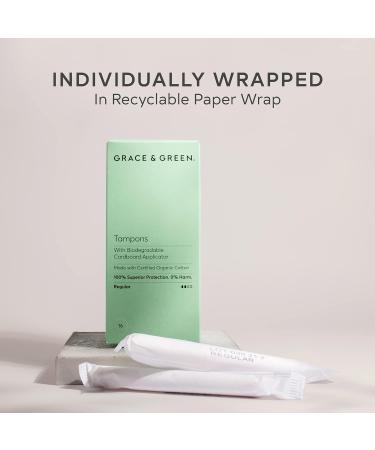 Grace & Green Organic Tampons - Biodegradable Applicator - Regular Size - 16 Count Pack - Made with Organic Cotton - Plastic-Free - Buy Online on GoSupps.com