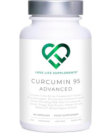 Curcumin 95 Advanced by LLS | High Strength Curcumin (the Active Component of Turmeric) with 95% Curcuminoids + BioPerine Vitamin D Tomato and Ginger Root | 60 Capsules