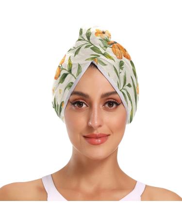 Orange Flowers Butterfly Plants Hair Towel 2 Pack Super Absorbent Hair Drying Towel Quick Dry Hair Turbans Head Towel with Button Twisty Wrap for Women Girls