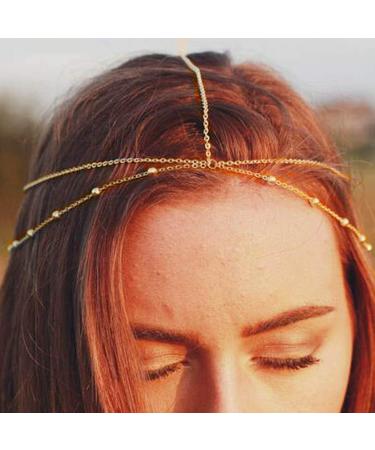 Chicque Boho Head Chain Jewelry Gold Headpiece Beaded Hair Jewelry Layered Hair Chain Festival for Women and Girls