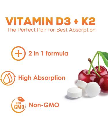 High Potency Vitamin D3 + K2 (MK-7) 2-in-1 Formula - 120 Chewable Tablets for Heart, Bone & Immune Health - Buy Online on GoSupps.com